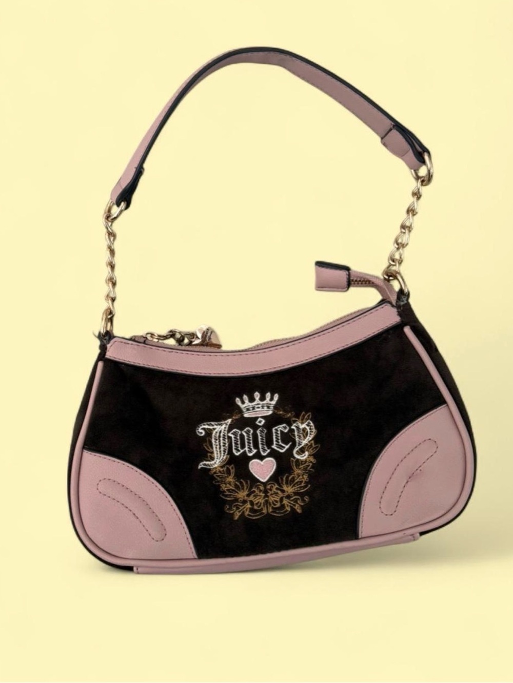 Juicy Couture Black and Pink Suede Logo Shoulder Bag